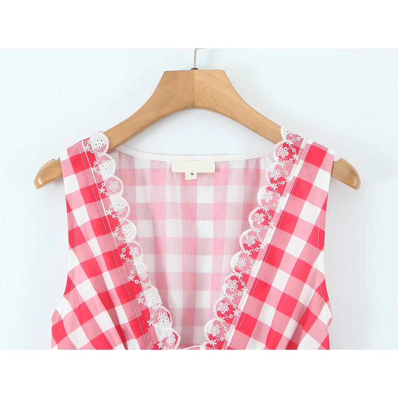 European And American Retro Sexy V Neck Red Plaid Dress Women Floral Embroidery Sleeveless A-line Mini Summer Dresses voguable