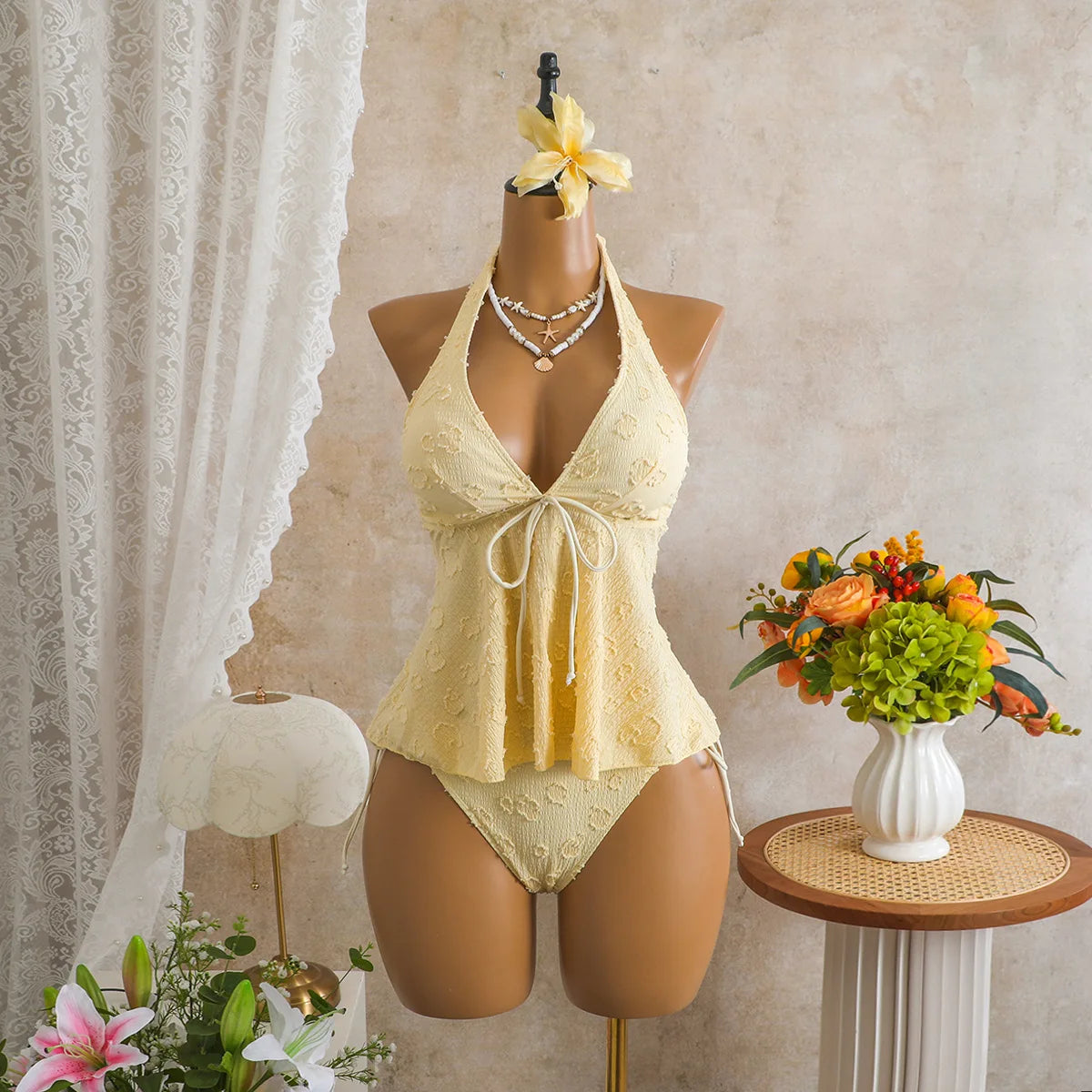 Voguable  Women Solid Backless Swimwears Textured Halter Tankini Swimsuit Ruffled Top with Side Tie Bottom for Summer Beach Pool Swimwear voguable