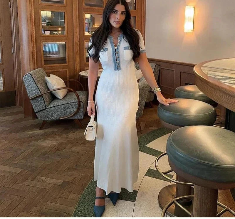 Denim Patchwork Kinitting Fashion Long Dress Tight Single Breasted Chic White Women Dress Versatile Street Summer Spring Vestido voguable