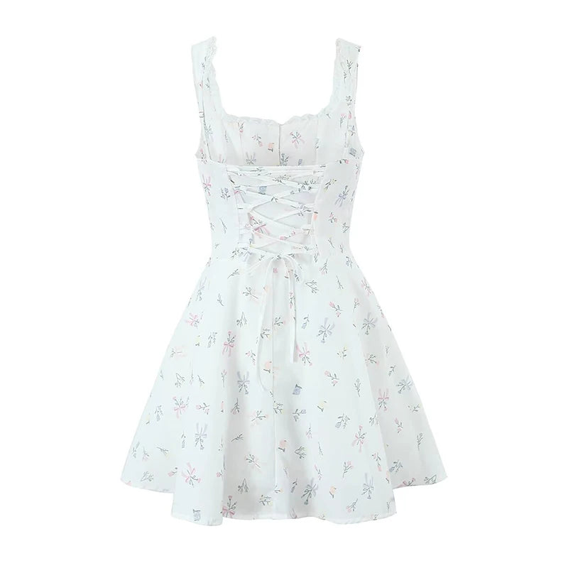 YENKYE Sexy Slim Fit Short Floral Print Dress For Women Sleeveless Lacing Up A Line Holiday Party Dresses Summer Corset Robe voguable