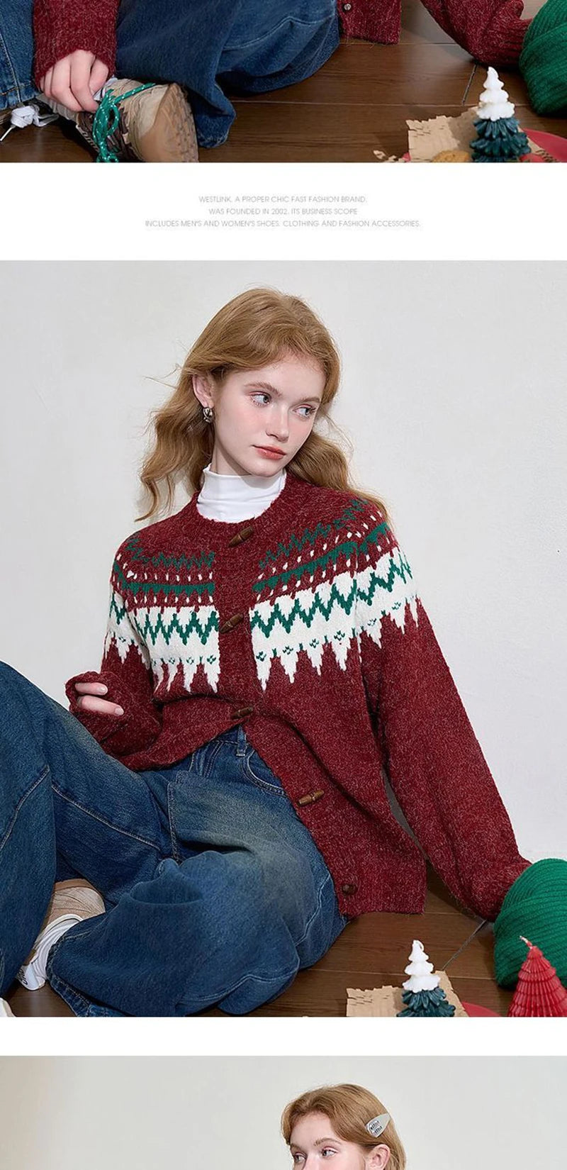 American Christmas Red Cardigan Women Vintage Lazy Wind Sweet Knitted Sweater Casual O Neck Long Sleeve Retro Harajuku Tops New voguable