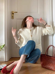 Temperament White Sweater Coat Women's Early Spring Autumn New Knitted O-Neck Cardigan Single Breasted Style Top voguable