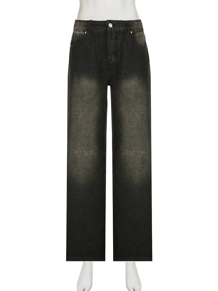 Voguable Streetwear Women'S Jeans Harajuku Cargo Pants Y2K Casual Denim Distressed Straight Wide Leg Trousers Female Korean 2024 voguable