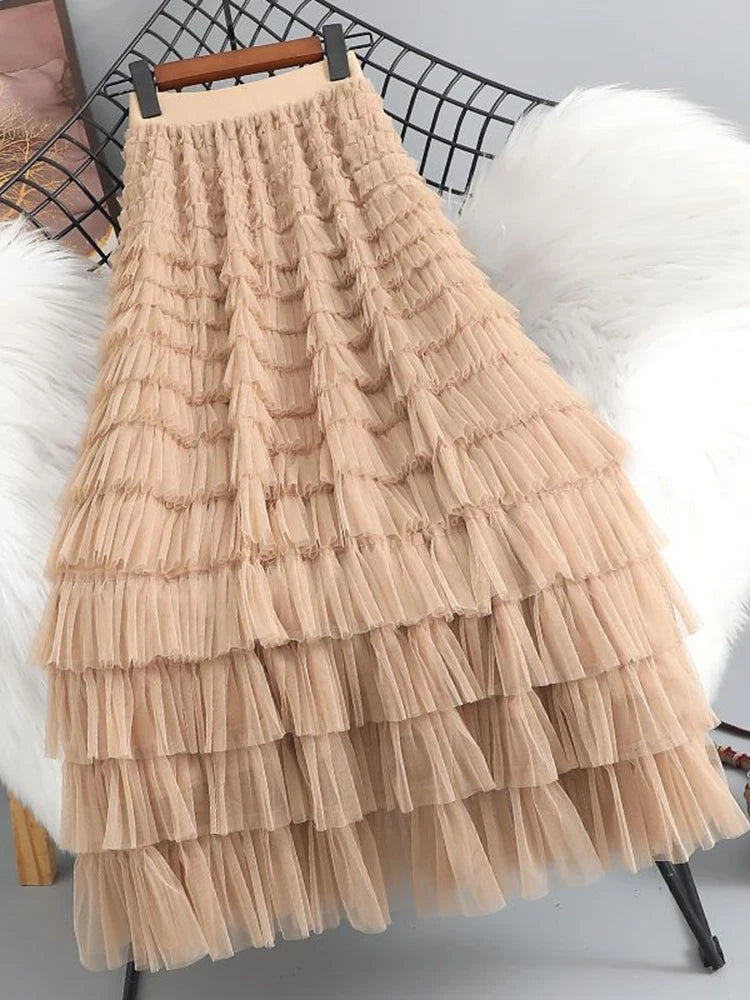 Summer Elegant Women Tulle Skirt Korean Fashion Mesh A Line Ladies Cake Skirt High Waist Loose Party Female Skirts New voguable
