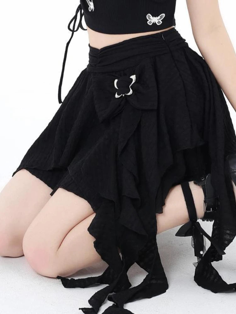 Voguable 2024 New Harajuku Women Skirt Chic A-line Korean Sweet Saia Bow Irregular Y2k Mini Skirts Ruffles Summer Jupe Fashion Clothing voguable