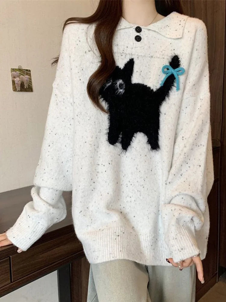 Cute Cartoon Bow Sweaters Women Loose Vintage Long Sleeve Kawaii Knitted Jumper Japan Casual Preppy Style Retro Pullovers voguable