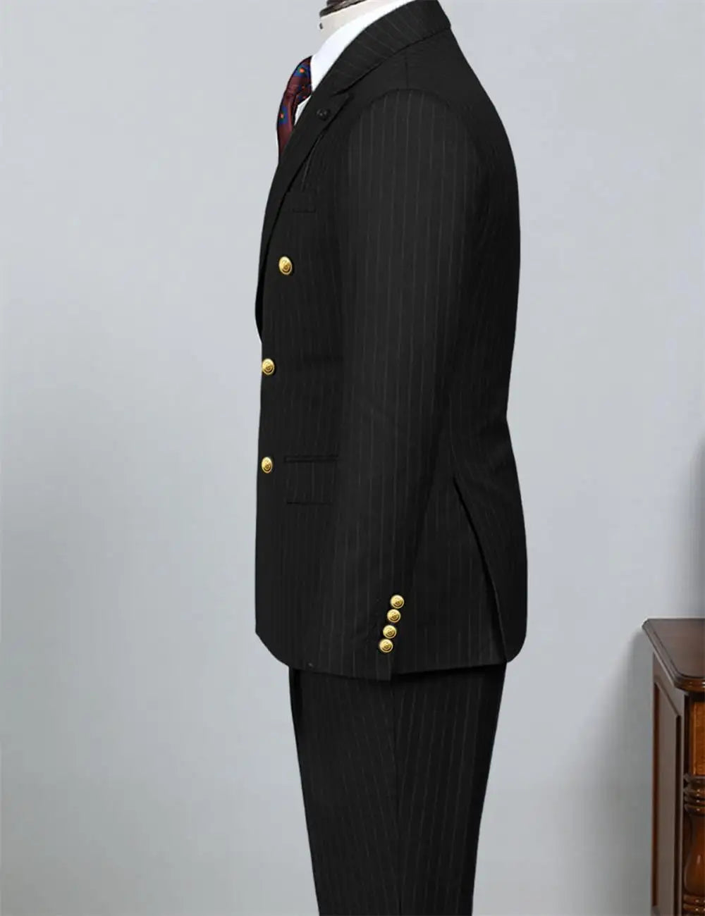 Voguable  2 Piece Black Striped Men's Suit Set Golden double breasted Lapel Jacket Elastic Pants Wedding Part Prom Dinner Wrok Travel voguable