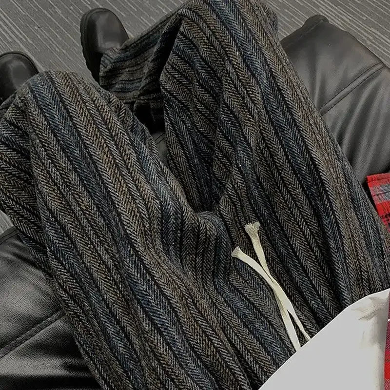 Voguable  All Match Thick Loose Straight Leg Pants with Autumn and Winter Stripes Woolen Drape Casual Casual Pants Men's Retro Pants voguable
