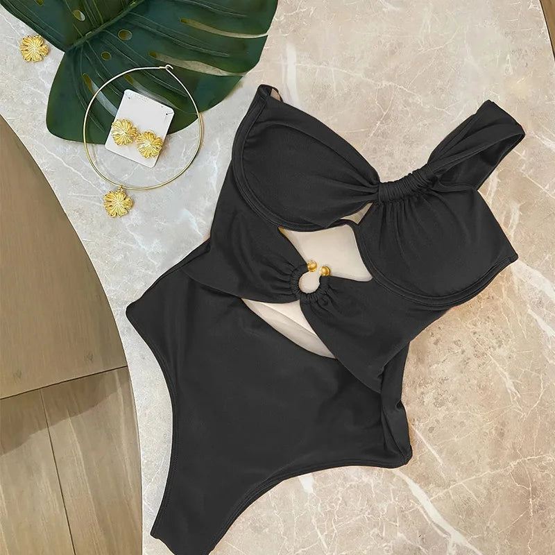 Voguable  Triangle Bandeau Bikini Women's Single-strap Design with Underwire Support Tie-back Metal Clasp Closure Solid Color Swimwear voguable
