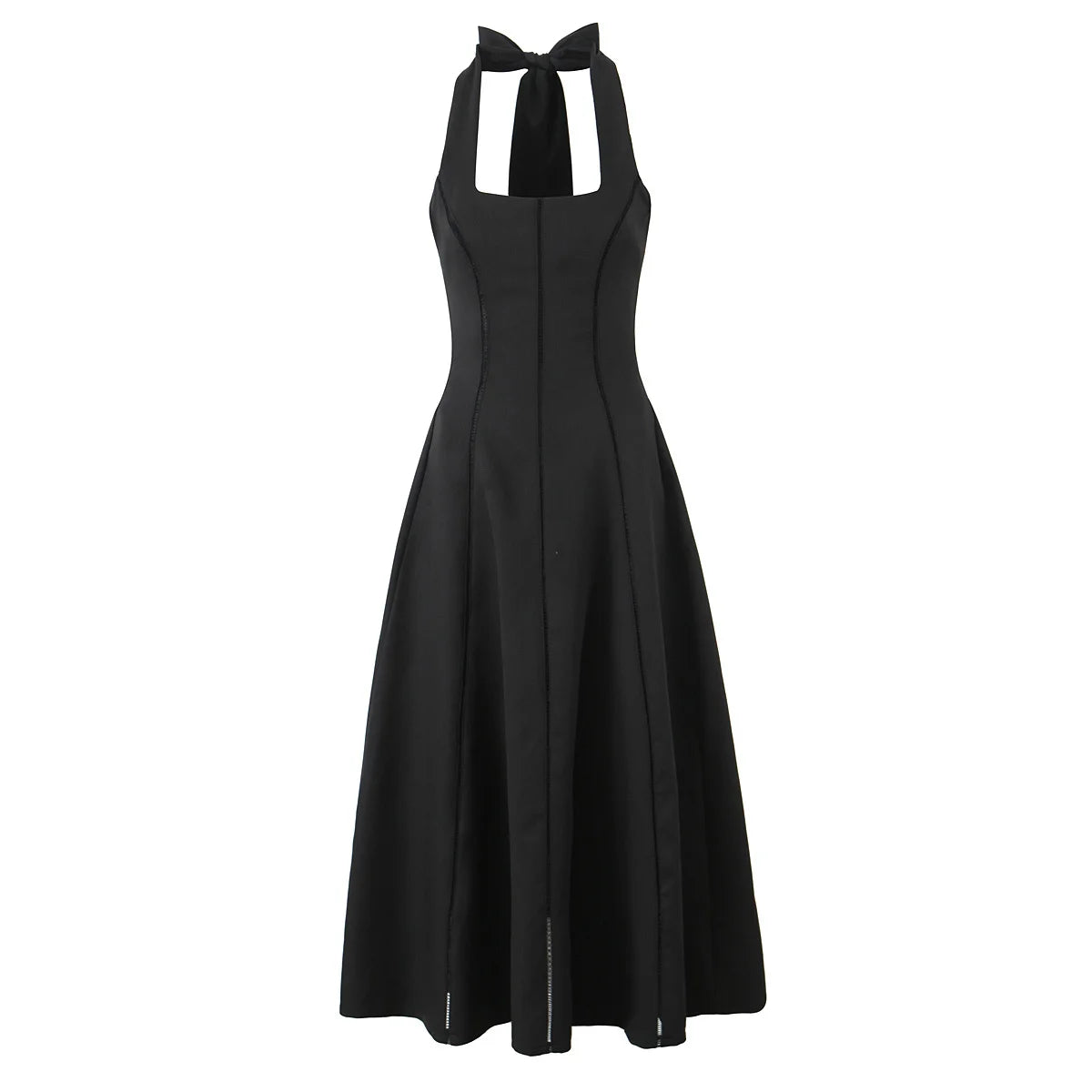 Vintage Elegant Black White Halter Midi Long Dresses Women A-line Slim Sexy Backless Dress Female Summer Party Robe voguable