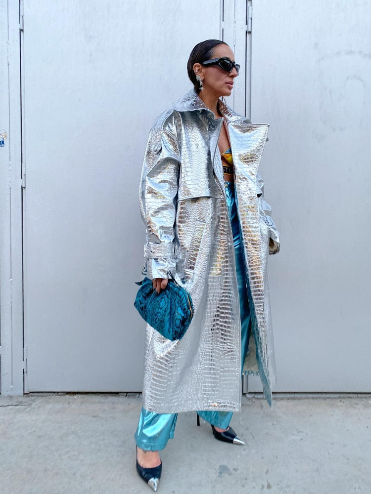 Long Silver Snake Skin Trench Coats Women Fashion Slim Belt On Waist Fake Leather Jackets For Women Winter Autumn Coats voguable