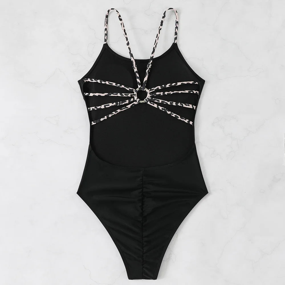 Voguable  Sexy Leopard Multi Rope Hollow Out One Piece Swimsuit Women Beach Bikini New All Season Backless Tight One Piece Swims voguable
