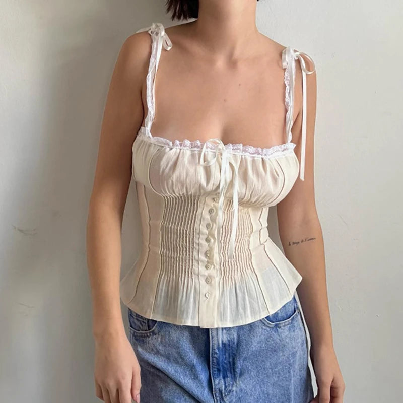 y2k Tops Women Summer Spaghetti Strap Sleeveless Bustier Corset Camisole Pleated Vest 2000s Aesthetic Clothes Clubwear voguable