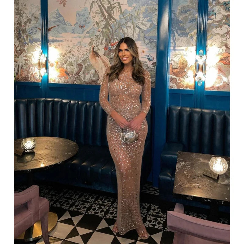 Tossy Glitter Female Cover up Maxi Dress Mesh See-Through Split Fashion Long Sleeve Slim Sexy Beach Cover up Dress For Women voguable