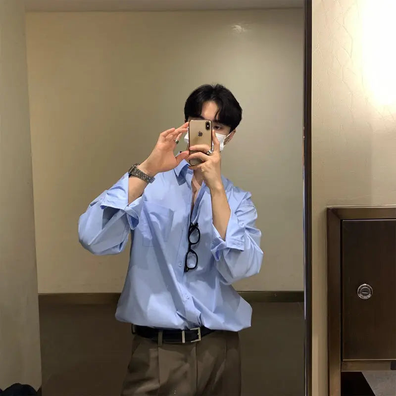 Voguable Korean Fashion Men High-end Light Blue Shirt Men Summer Solid Color Simple Casual Loose Button Pocket Long sleeve Shirts for Men voguable