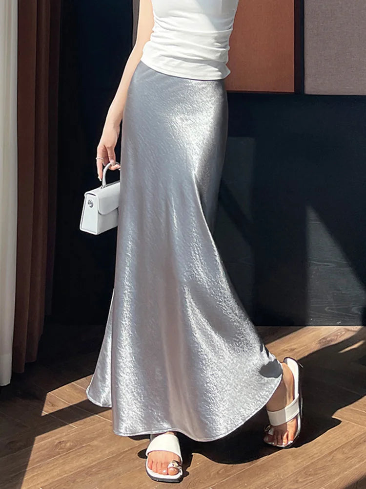 Chic Satin Elegant Long Skirt Women Casual Fashion High Waist Sweet Trumpet Skirts Slim Summer Female Korean Long Skirts voguable