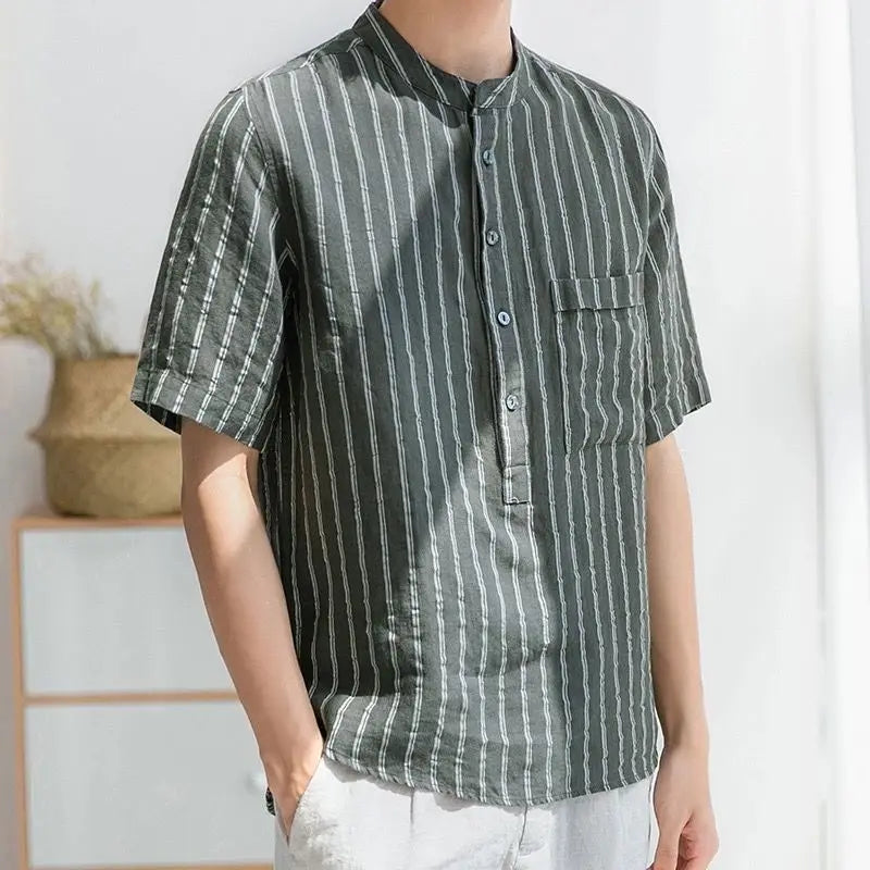 Voguable  Men Clothing Trendy Japanese Style Vintage Striped Print Short Sleeve Shirt Summer Simple Casual Stand Collar Loose Cotton Tops voguable