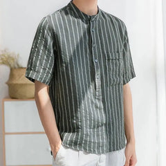 Voguable  Men Clothing Trendy Japanese Style Vintage Striped Print Short Sleeve Shirt Summer Simple Casual Stand Collar Loose Cotton Tops voguable