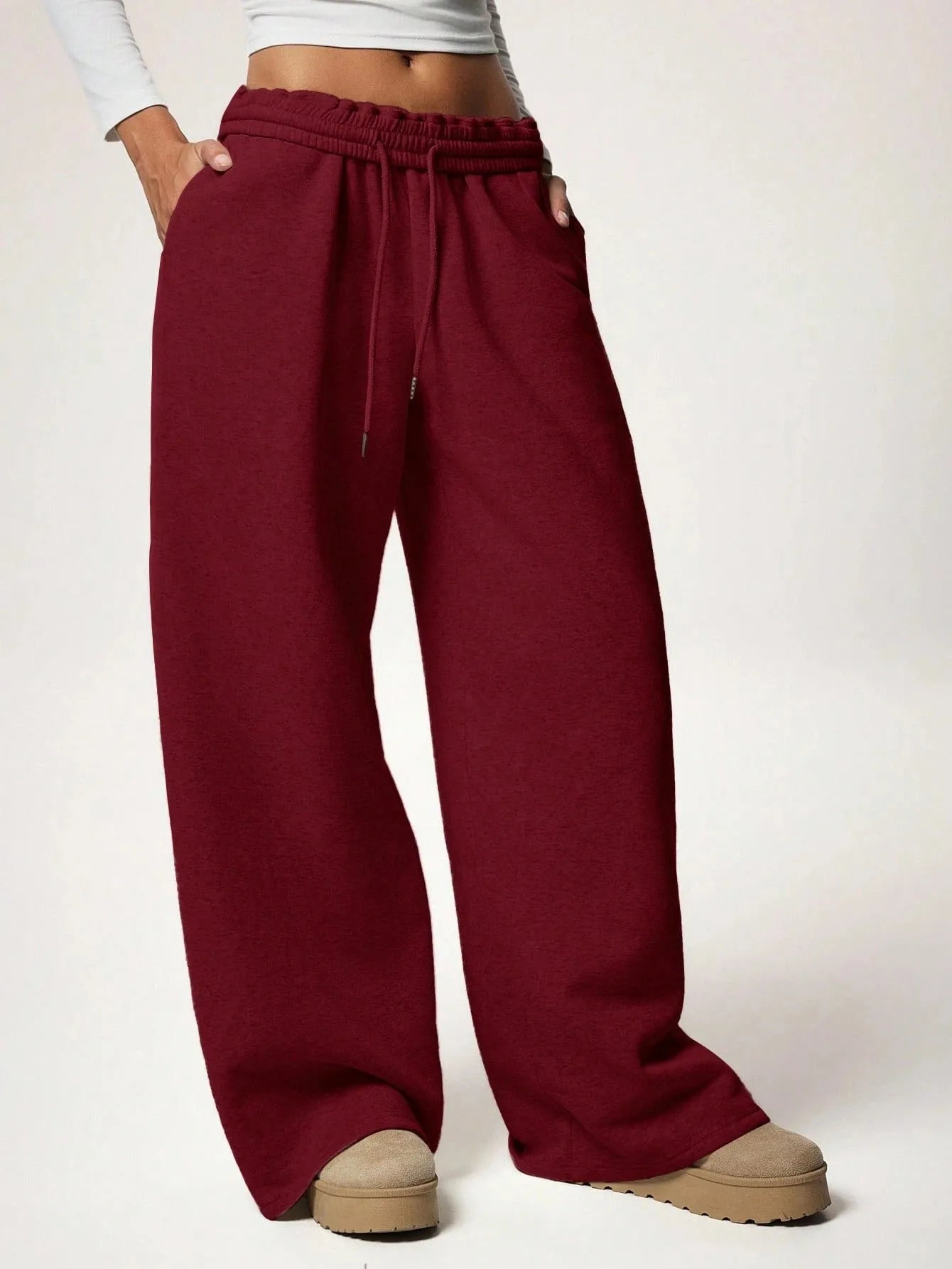 Voguable  High Waisted Drawstring Solid Color Loose Fit Women's Wide Leg Pant Autumn and Winter New Simple Straight Leg Pants Fashion voguable
