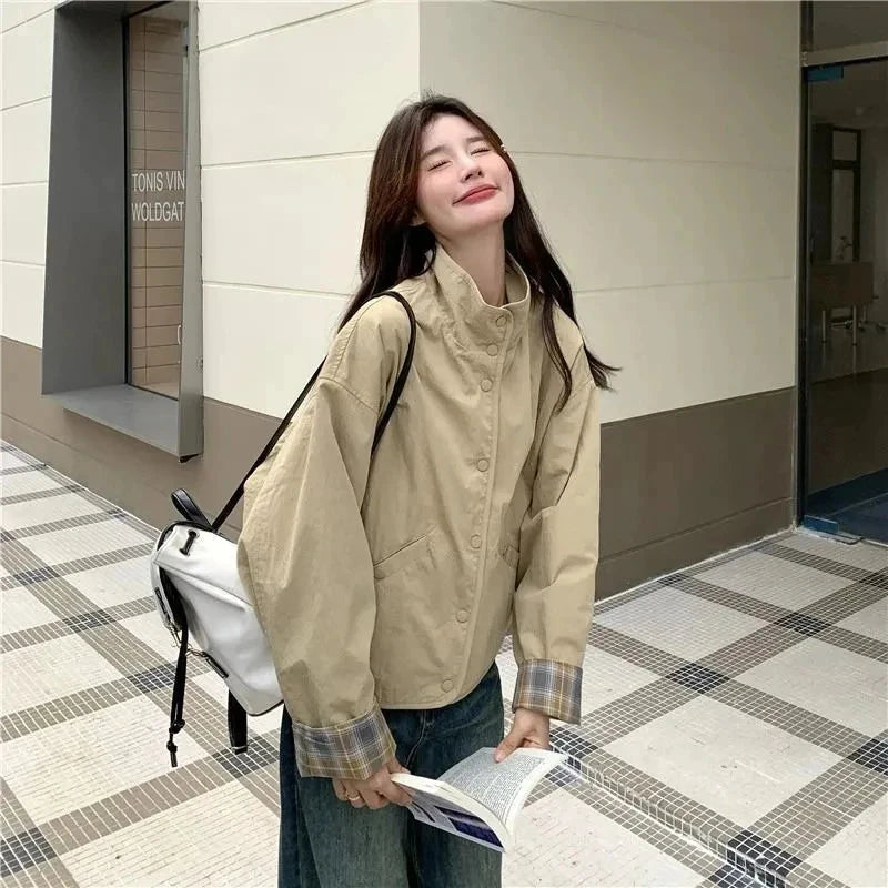 Vintage Plaid Cargo Jacket Women Retro Double Sided Wear Preppy Style Sweet Coat Korean Fall Winter Long Sleeve Pockets Top voguable