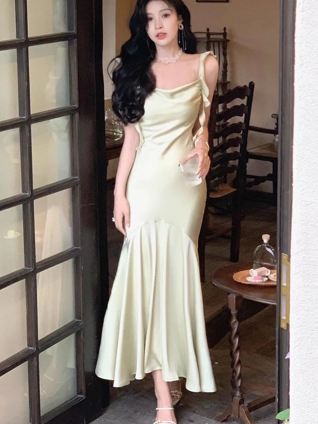 New Summer French Fashion Women Spaghetti Strap Elegant Long Mermaid Ruffles Dresses Evening Party Prom Clothes voguable
