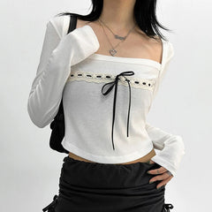 Voguable Cute Casual Ribbons Lace-up Bow Top Coquette Style Square Collar Long Sleeve T-shirts Korean Chic Basics Knitted Tops voguable