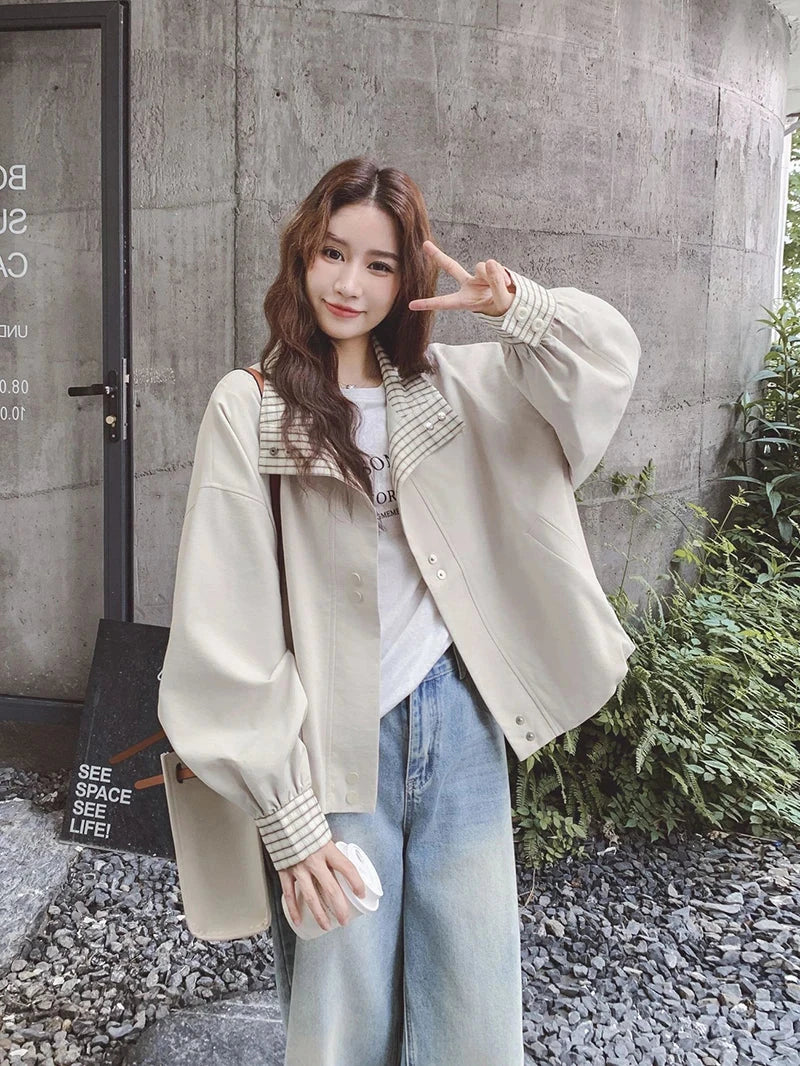 Korean Sweet Chic Jacket Women Loose Fall Long Sleeve Elegant Short Coat Fashion Plaid Patchwork Preppy Style Cute Outwear Tops voguable