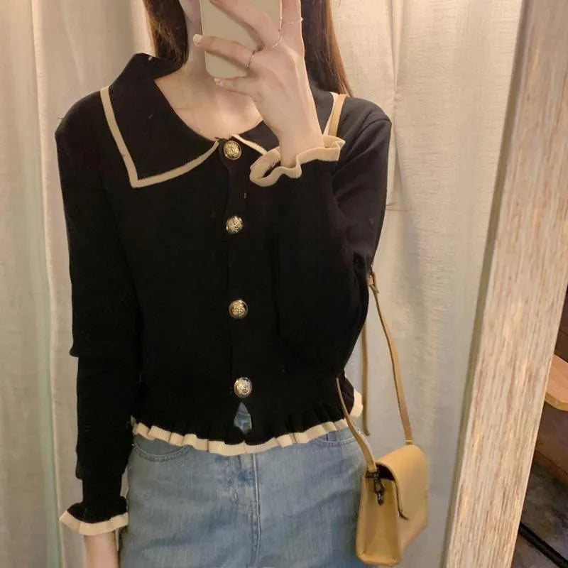 Ruffles Sweet Cardigan Sweaters Women Fashion Slim Long Sleeve Knitted Short Coat Elegant Patchwork Korean Lady Black Tops voguable