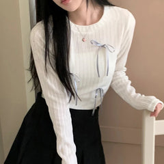 Voguable Sweet Multi Bows Knitted Top Pink White Casual Basics Slim-fit Tops Autumn Spring Korean Style Kawaii Knitwear Autumn voguable