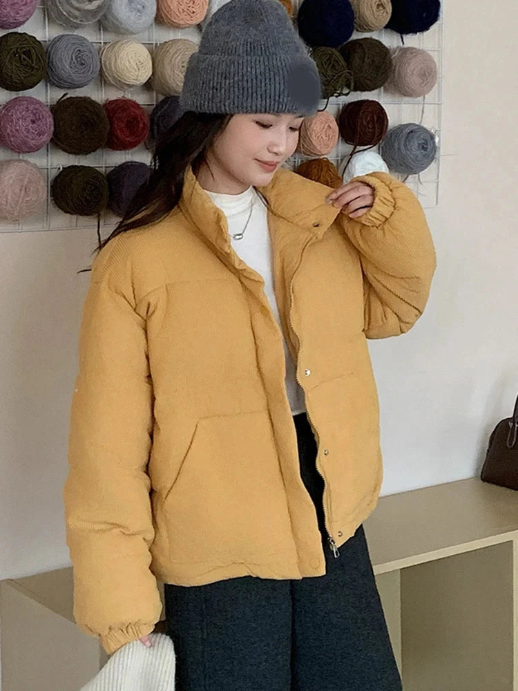 Women Sweet Corduroy Parkas Warm Long Sleeve Retro Stand Collar Cotton Coat Winter Thick Casual Preppy Style Korean Jacket voguable