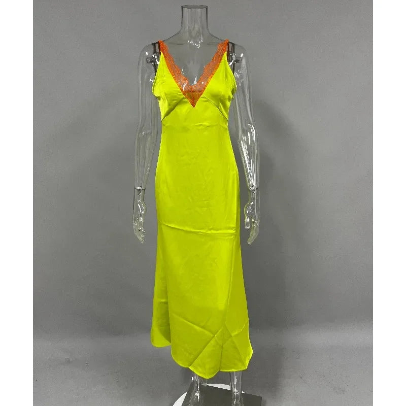 Voguable  Contrast Lace V-Neck Camisole Women's Sleeveless Long Dress Slim Summer Beach Style Female Halter Party Dress Dress voguable