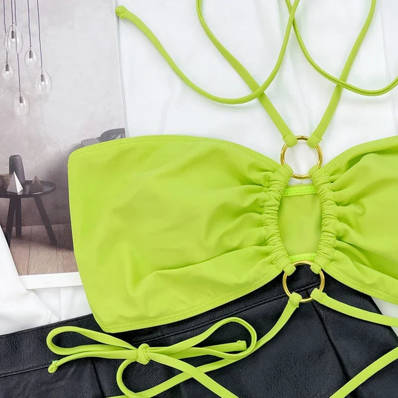 Voguable  Pleated Fabric Bikini Sexy Cross Bandage Halter Swimwear Two Piece Bikini Summer Cut Out Bathing Suit High Waist Beachwear voguable