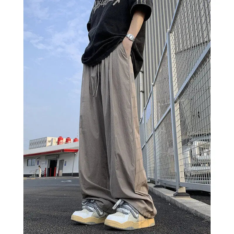 Summer Thin Casual Pants Men Fashion Pink Wide Leg Pants Men Streetwear Hip-hop Loose Straight Ice Silk Pants Mens Trousers voguable