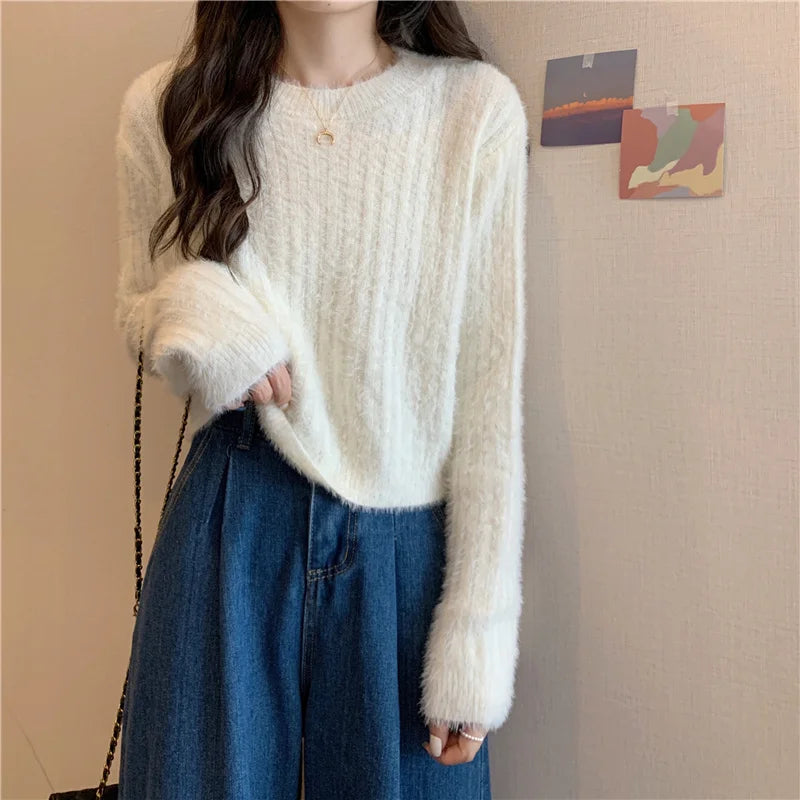 Fuzzy Knit Top Women Pullover Long Sleeve Plain Crop Sweate Pink Fluffy Jumper for Women Teen-girl Fall Winter Y2K Outfit voguable