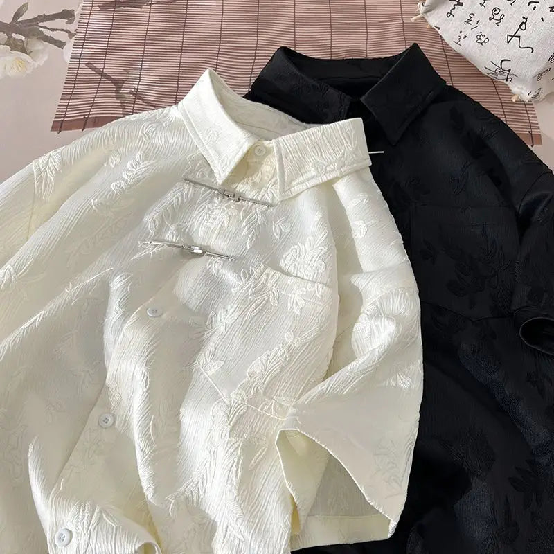 Summer Short-sleeved Shirt Men's New Chinese Men's National Trend Shirt Loose Large Size Metal Button Couple's Top Aesthetic voguable