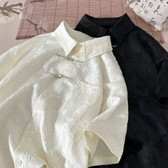 Summer Short-sleeved Shirt Men's New Chinese Men's National Trend Shirt Loose Large Size Metal Button Couple's Top Aesthetic voguable