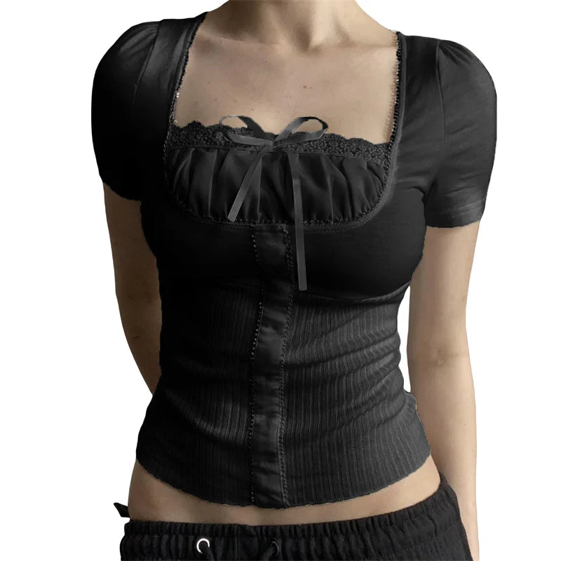 Fairycore Top y2k Women Sexy Coquette Clothes Lace Trim Square Collar Short Sleeve T Shirt 2000s Aesthetic Clothing voguable