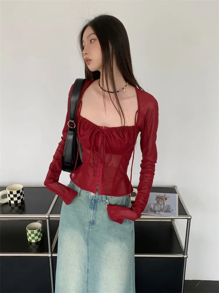 Voguable Burgundy Mesh Tops Long Sleeve Lace Up Square Collar T Shirt Women Crop Top Spring Summer Grunge Y2k  Chic Tops Streetwear voguable