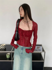Voguable Burgundy Mesh Tops Long Sleeve Lace Up Square Collar T Shirt Women Crop Top Spring Summer Grunge Y2k  Chic Tops Streetwear voguable