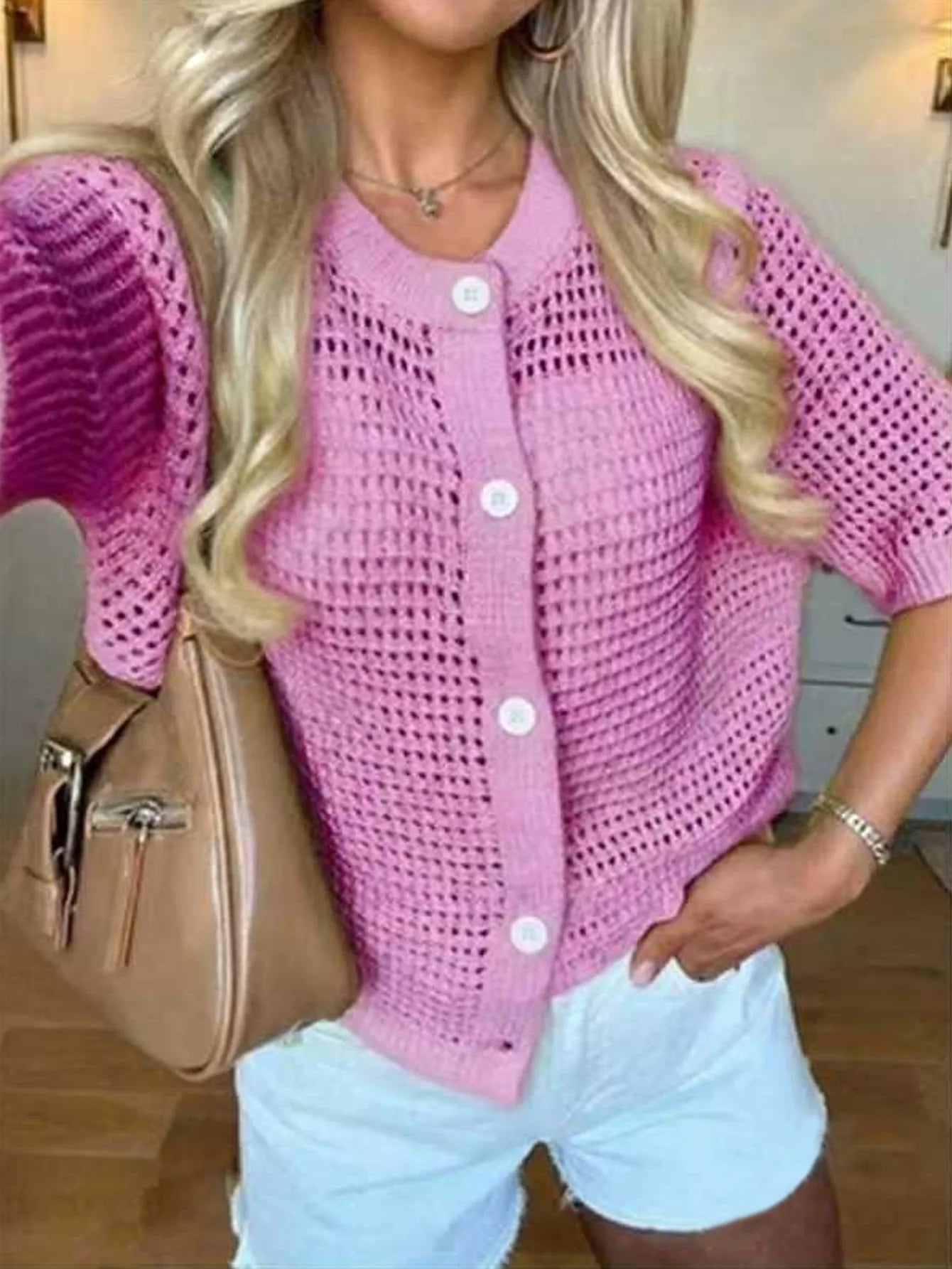 Voguable  Korean Fashion Hollowed Out Round Neck Casual Short Sleeved Cardigan Summer New Solid Color Elegant Women's Knitted Tops voguable