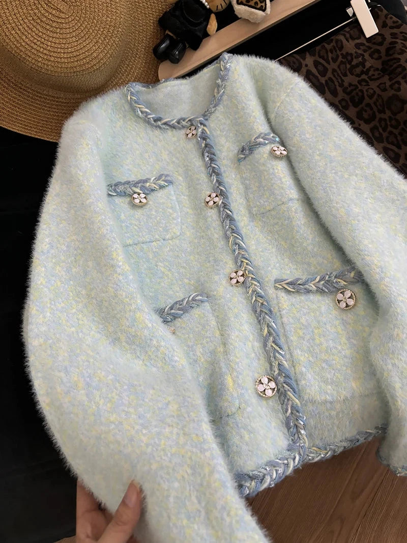 Faux Mink Cashmere Cardigan Coat Women Loose Sweet Long Sleeve Korean Knitted Jacket Sweater Fall Winter O Neck Cute Fashion Top voguable