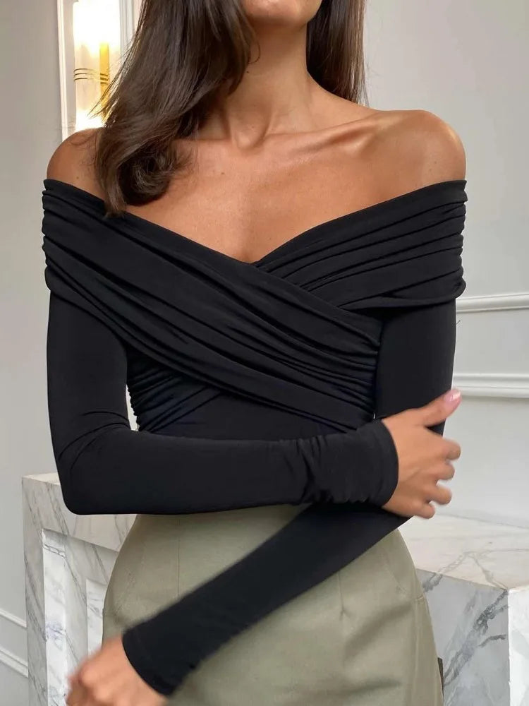 White See-Through Patchwork Jumpsuit For Women Pleated Slim Sexy High Waist Long Sleeve Off-Shoulder Rompers Streetwear voguable