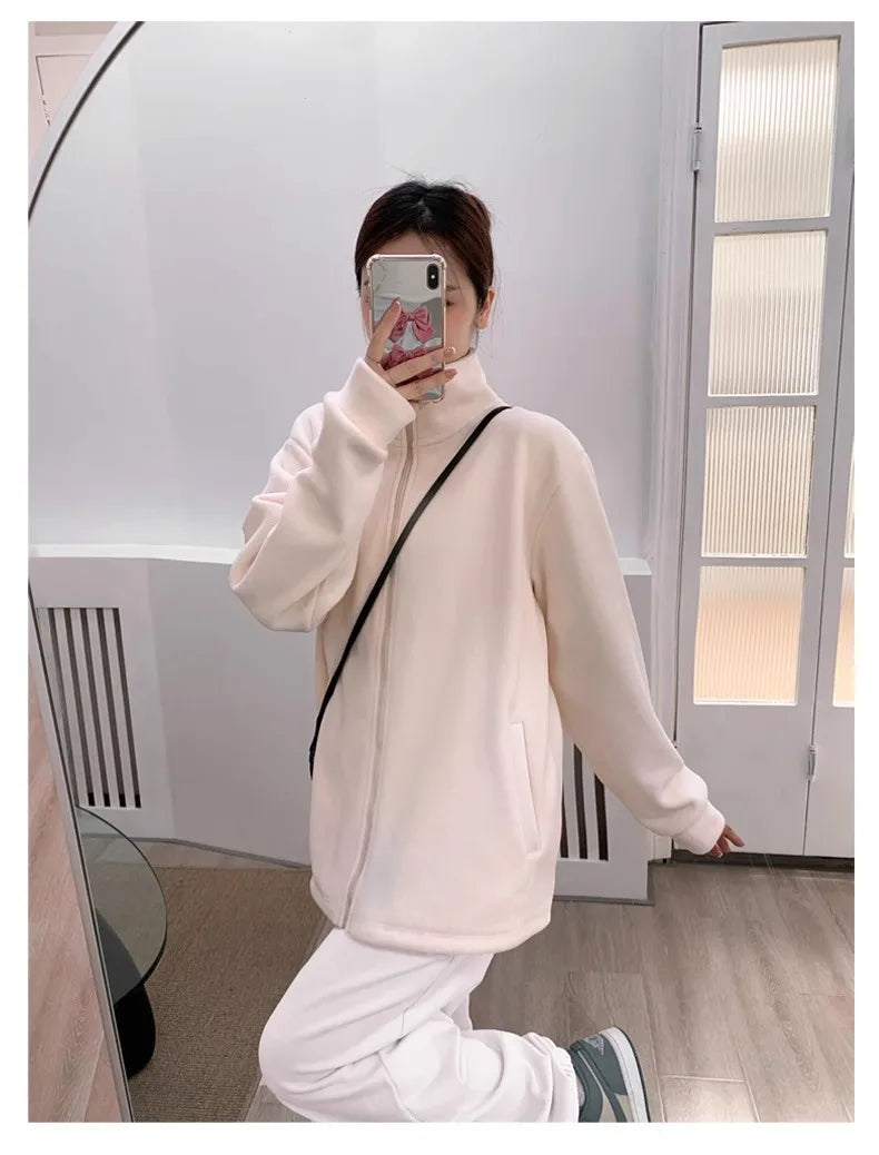 Women Zip Hoodie Thicken Fuzzy Fleece Sweatshirts Lamb Wool Zipper Thickened Oversize White Stand Collar Coats Soft Outerwear voguable