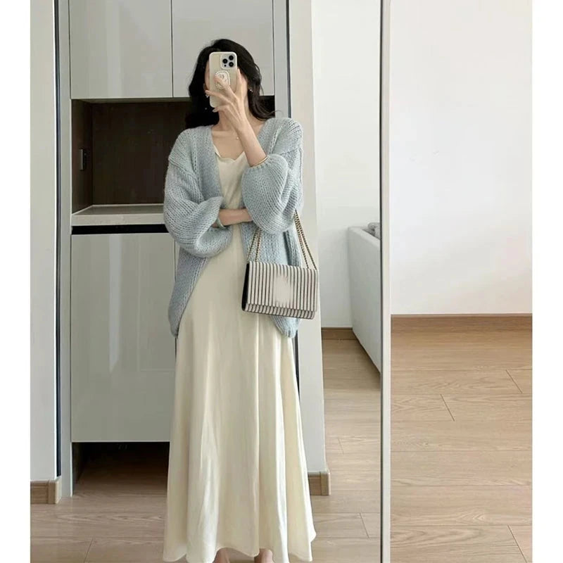 Lazy Wind Retro Cardigan Women Casual Loose Long Sleeve Korean Knitted Sweaters Coats Vintage Fall Winter Simple Solid Tops New voguable