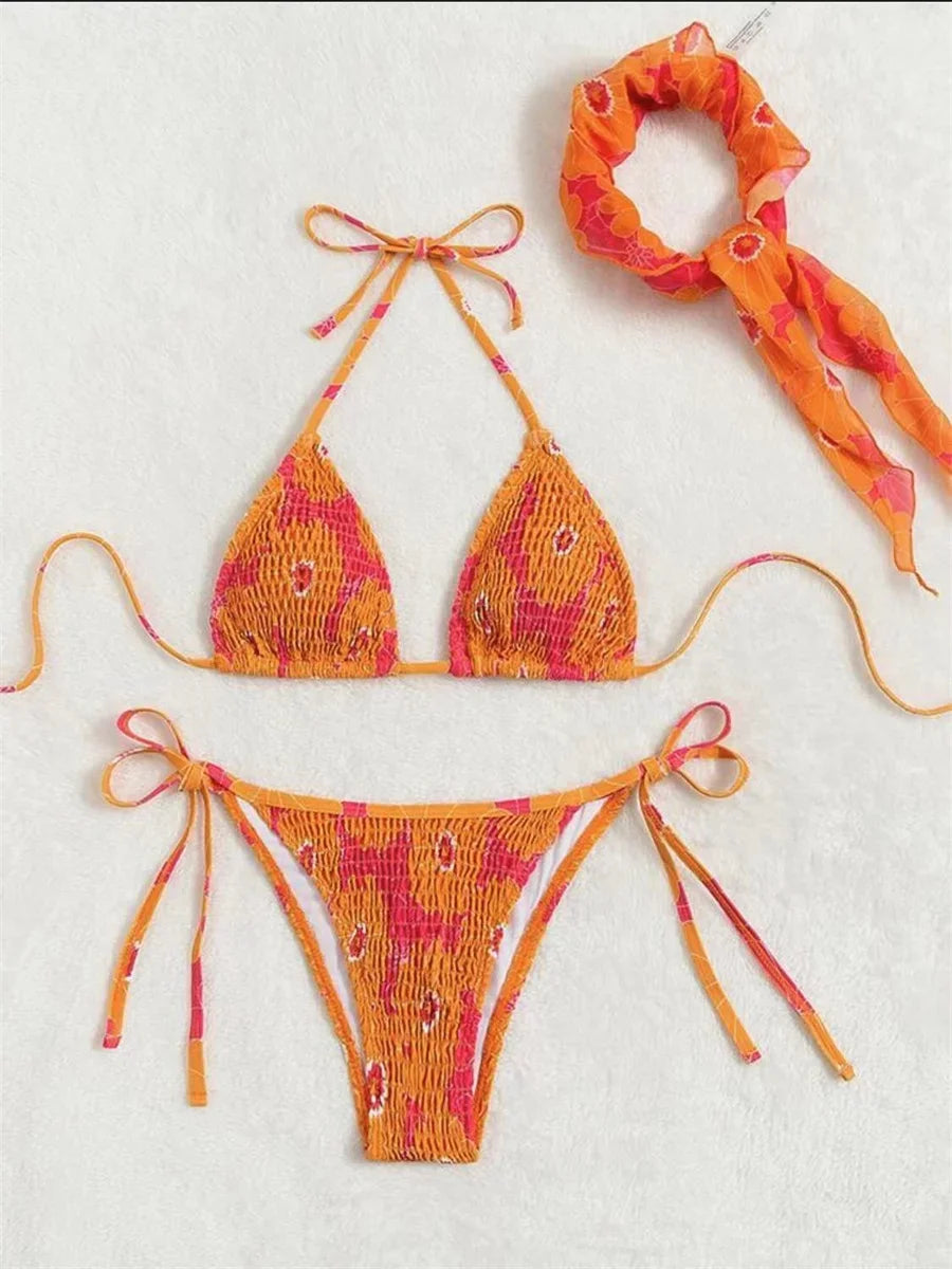 Voguable Sexy Band 3 Piece Bikini Set Women Orange Floral Print Pleate Push Up Micro Swimwear 2024 Bathing Suit Tie Side Thong Swimsuit voguable