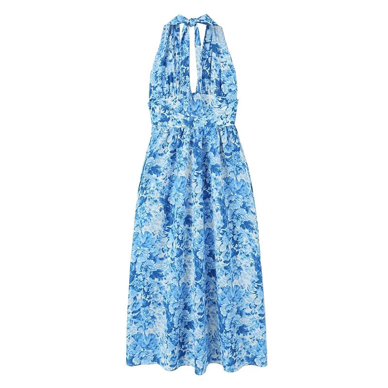 Voguable  Women Sexy Backless Halter Blue Floral  Print Midi Dresses Sleeveless Female Holiday Summer Dresses voguable