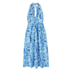 Voguable  Women Sexy Backless Halter Blue Floral  Print Midi Dresses Sleeveless Female Holiday Summer Dresses voguable