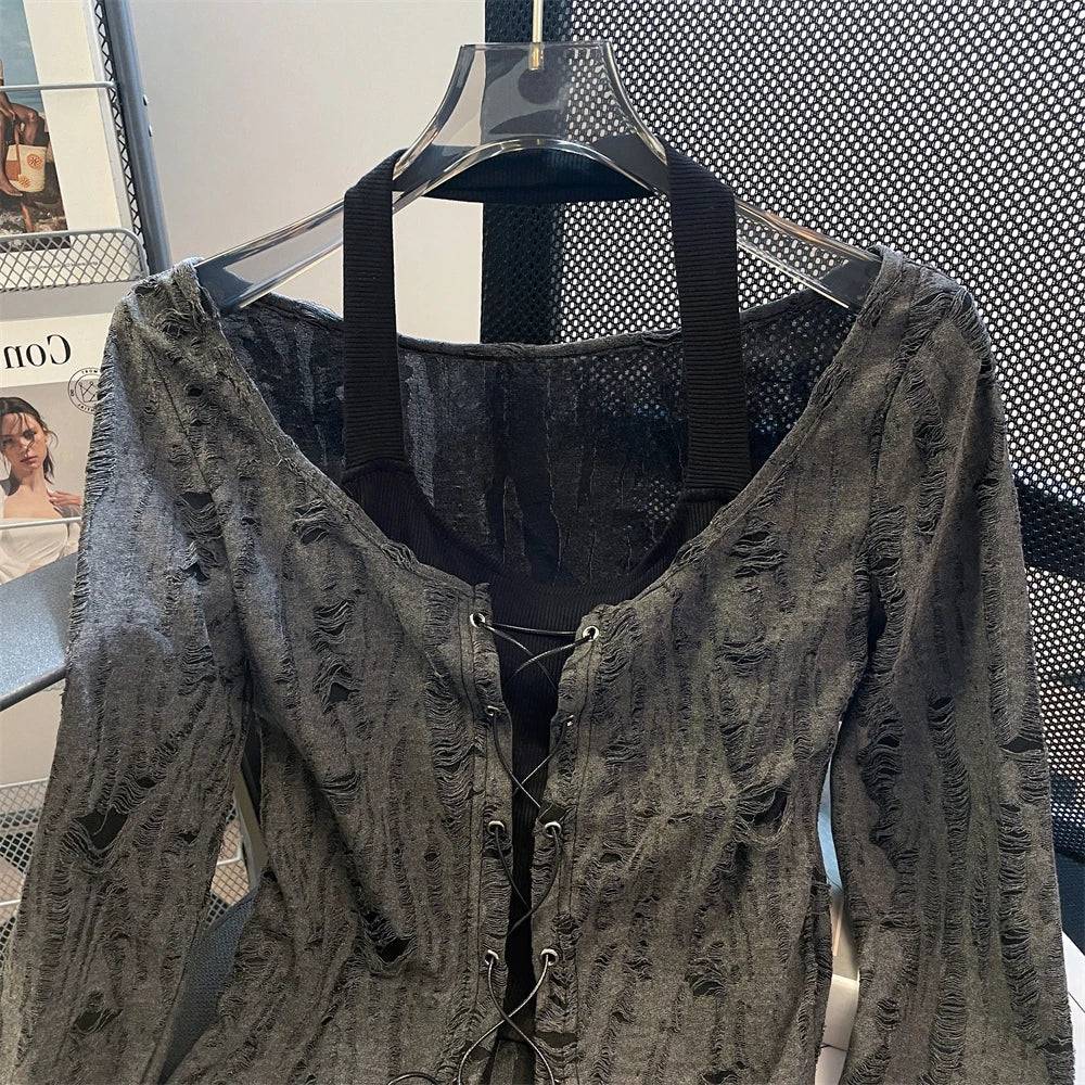 Destressed Two Piece Set Lace-up Cardigan with Cami Women's Y2K Grunge Crop Long Sleeve Criss Cross Knit Tops Acubi Outfit voguable