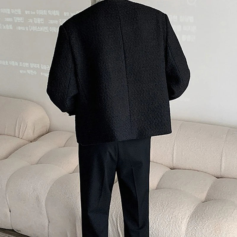 Korean Style Fashionable Tweed Round Neck Jacket Men Japanese Trendy High-end Single-breasted Short Jacket with Temperament voguable