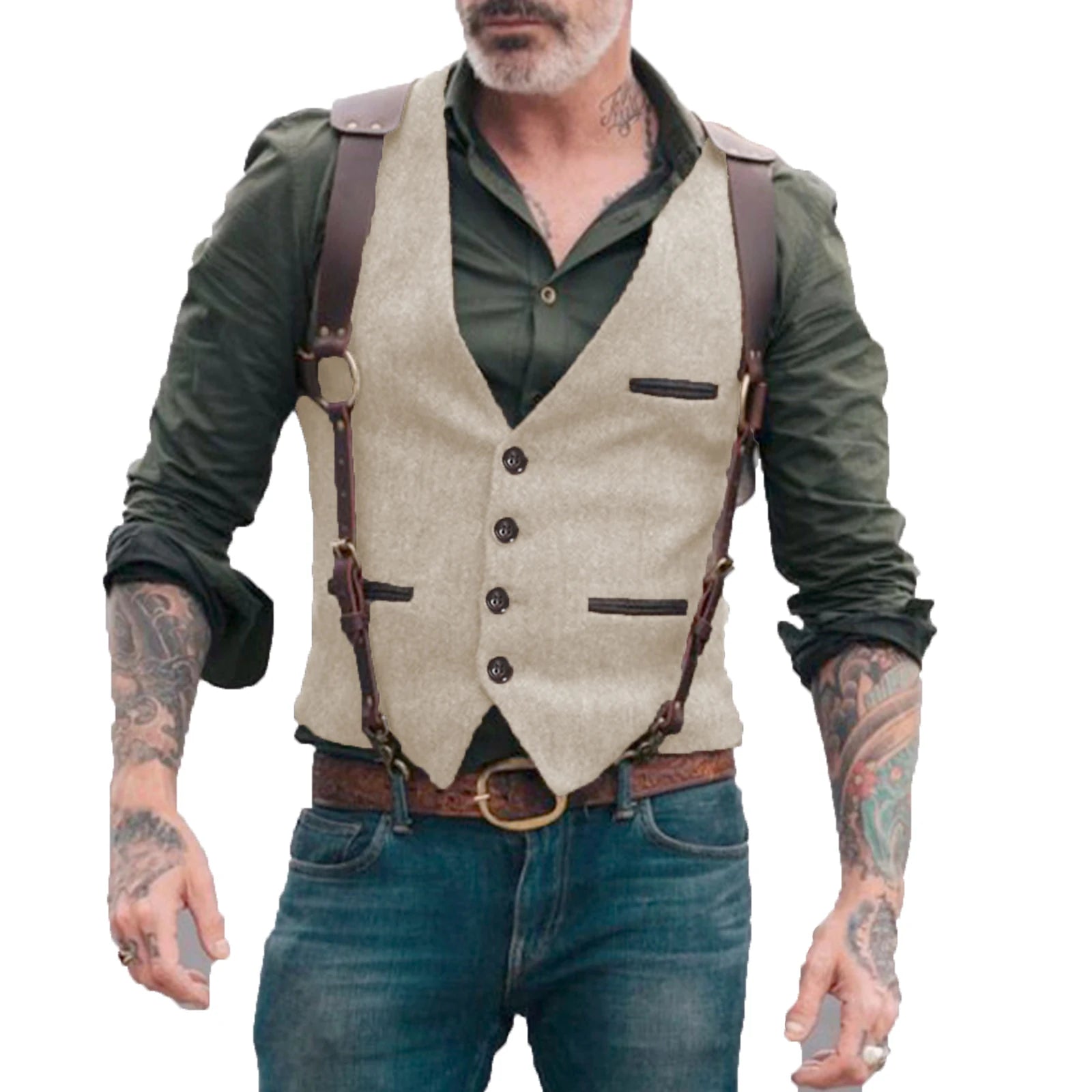 Men's Vests Men Brown Waistcoat Vest Man Steampunk Jacket Striped Tweed V-neck Slim Fit Gilet Wedding Clothing voguable